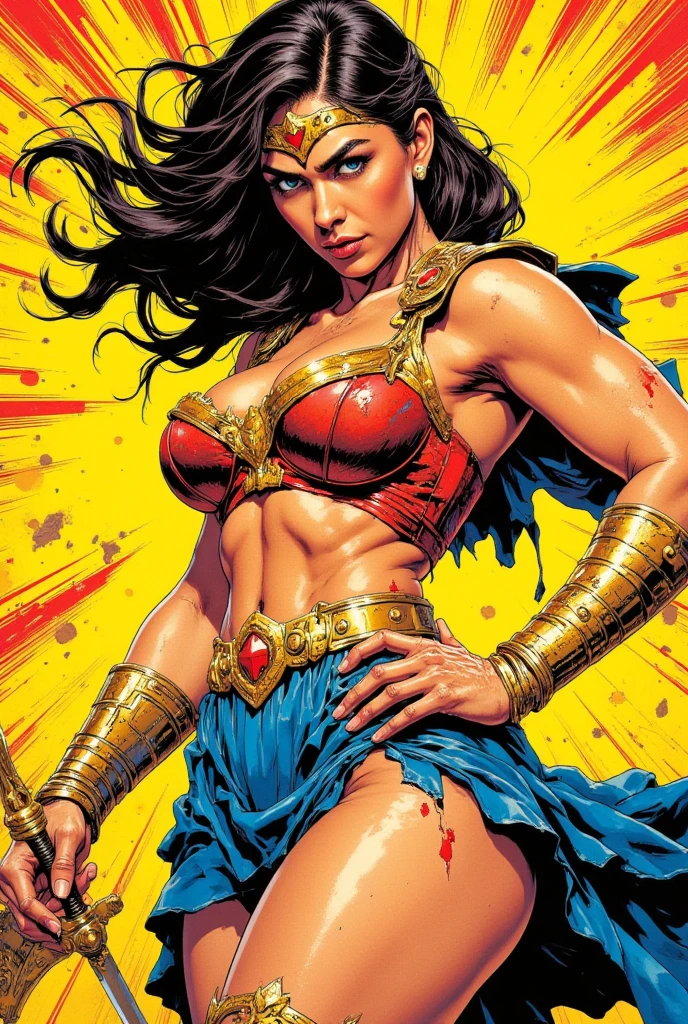8k wallpaper,wounds on the body, blood on the body, ultra-detailed,rich details, sword wound on leg, blood on face, broken armor on chest, nipples visible, bare breasts, (((topless))), combat pose , ultra transparent,8k, The best quality in the best of the cases.,metal belt, belt with the letter engraved as a buckle, tiara in front, silver bracelets, the best quality, MYSTIC, woman warrior, black and gold armor, Ancient Greek style armor, black hair, wavy hair, middle parting, athletic body, blue eyes, serious face,(((sword in hand))),Greek ruins atmosphere, facing the audience,(((A withered battlefield, remains,Battlefiled,Old battlefield, ((night,dimly lit,Dark 1.3)),Composition of bust, shot frontal