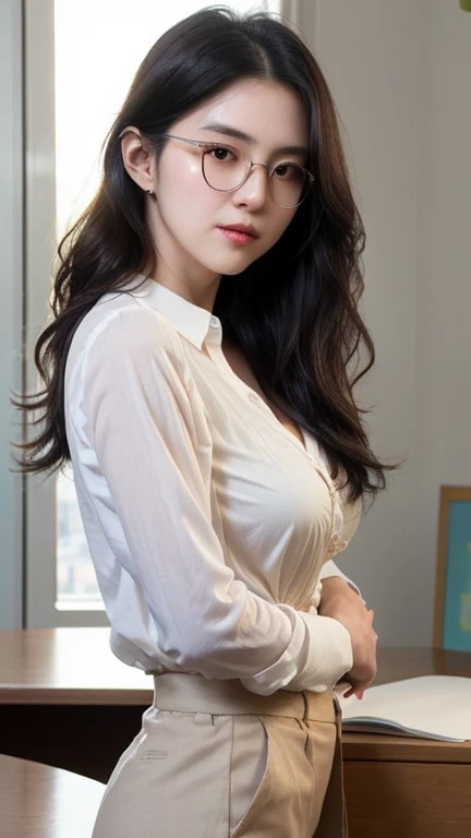 beautiful detailed, busty, cute face, short, mexican teen, medium black hair, black hair over one eye, glasses, long-sleeved tucked in v neck T-shirt, long pants, solo, voluptuous breasts, full body photo.