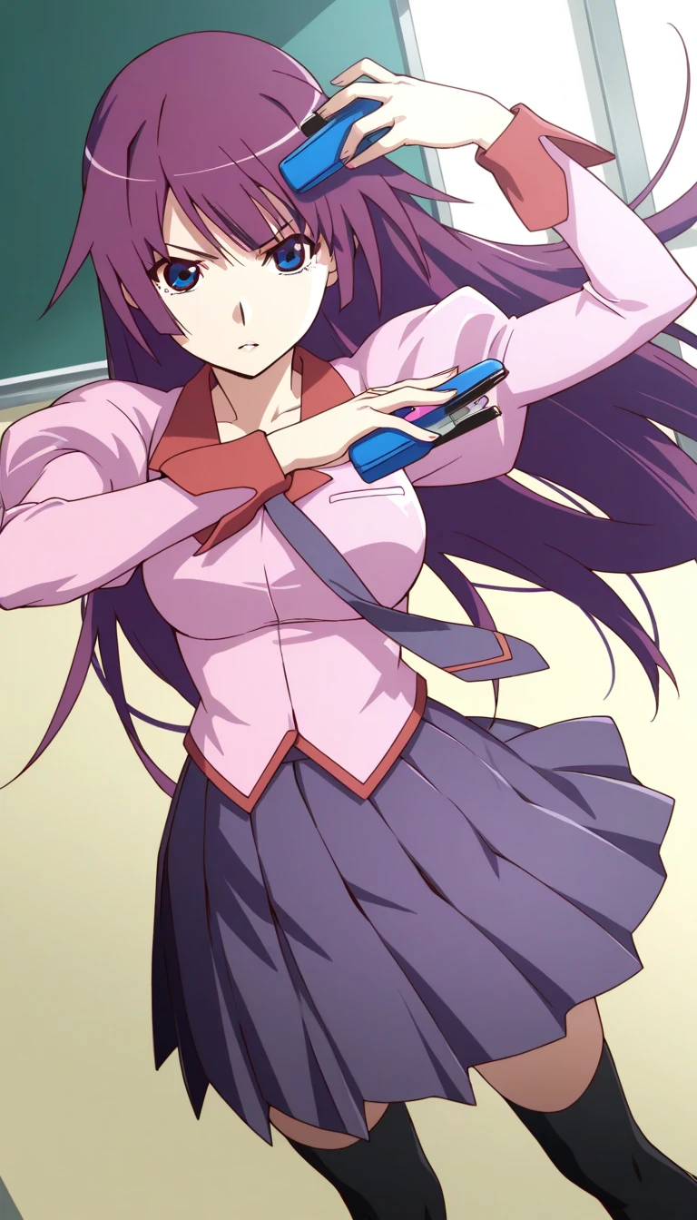 table top, highest quality, High resolution, 1 girl, Hitagi Senjogahara, senjougahara hitagi, long hair, blue eyes, purple hair, (medium breasts:1.2), BREAK skirt, thighs thighs thighs, school uniform, tie, black stockings, zettai ryouiki, Naoetsu High School uniform, BREAK Looking at the viewer, take a break outside,utility knife,,aim at the enemy,A face full of murderous intent,