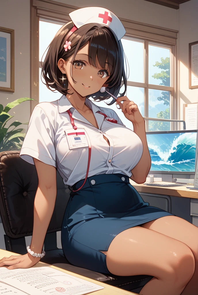 1 woman, , (updo, red and black hair), plump body, red eyes, Indonesian high-school uniform, (white transparent shirt, off-shoulders), osis logo on shirt pocket, huge breasts, light-grey pleated skirt, sitting on a chair, seductive pose, full body shot, side view, smiling, in the classroom.