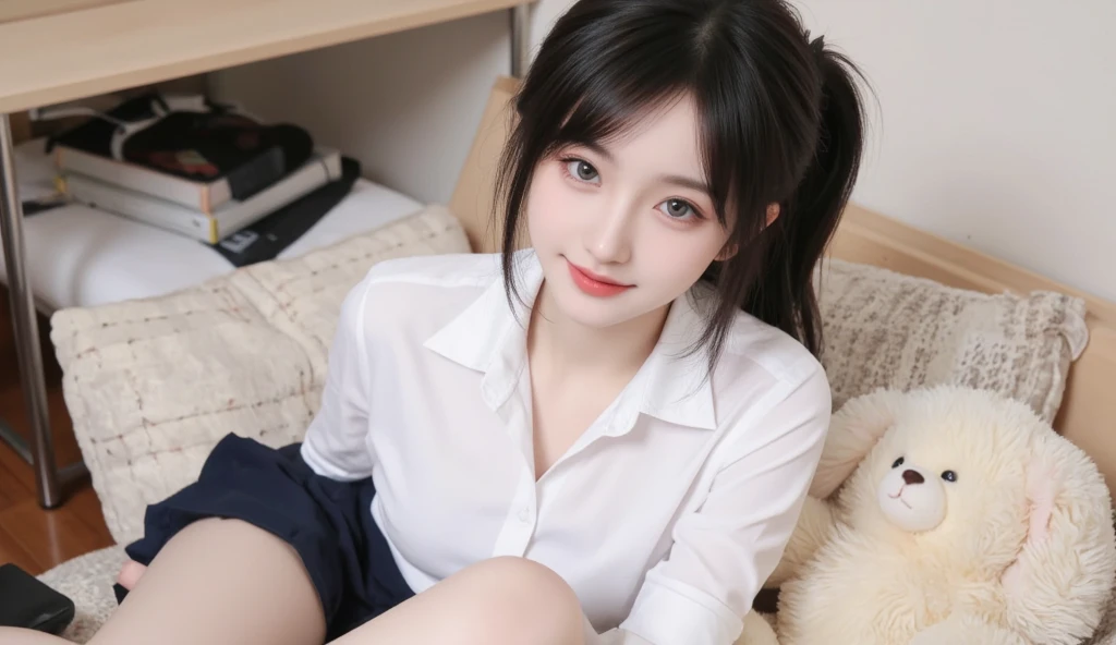(Cute Japanese Girl), Sexy 18 year old girl, (The cutest face), Thin chest, Thin thighs, Straight hair, On the bed, (((school uniform))), ((Sexy pose like gravure model)), (Expression of orgasm), ((Lying)),