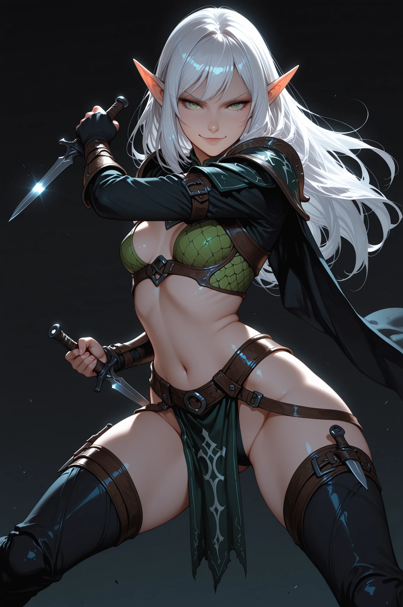 (One Woman), One Woman, masutepiece, of the highest quality, posterior view, Queen of the Grey Elves, bikini of, central, Belt bag, Peach Boots, viewer, Face, Portrait, Glowing eyes, Green smoke, Ass, Black background, Raised breasts, Bare skin, angry expressions, devil's figure, Docking screen, Muscle Girl, Krautin Gregg Open,