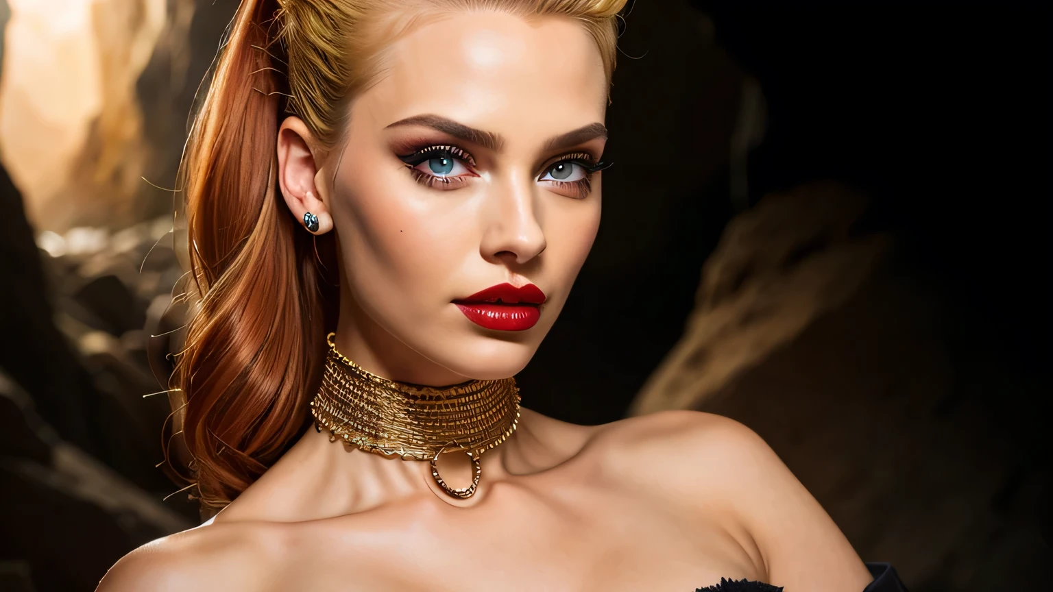 a woman with red hair, hyper-realistic skin, shiny/glossy, modern jewelry, gongbi, portraiture, dark teal and light gold, tropical landscapes, Face portrait photo oF a 21 Year-old German woman, .raw, beautiFul woman, half strawberry lips, strawberry lipstick, Fossettes, big breast, realistic legs, high heels, nostalgic look, detailed light brown eyes, great student, thin eyelashes, (Brown extra long blond hair), ((detailed Face)), ((detailed Facial Features and skin texture)), (Finely detailed skin), light brown skin, (Deep neckline detailing high-tech cyberpunk dress), Cyberpunk big city environment, (cold colors), moist, moist, reFlections, (masterpiece) (height ratio / perfect width) (photo realist) (best quality) (detailed) Shot with Canon EOS R5, ObjectiF 50mm, F/2.8, human development report, (8k) (wallpaper) (light) (Dramatic Light) (sharp focus) (complicated), sharp details, skin detail sharpness,