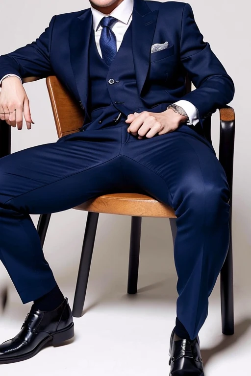Young man, male, wearing a navy suit, sitting on a chair, Japanese, thick thighs, large thighs, bulging crotch, plump thighs, full crotch, muscular, heavy crotch, angle from below, tight navy suit