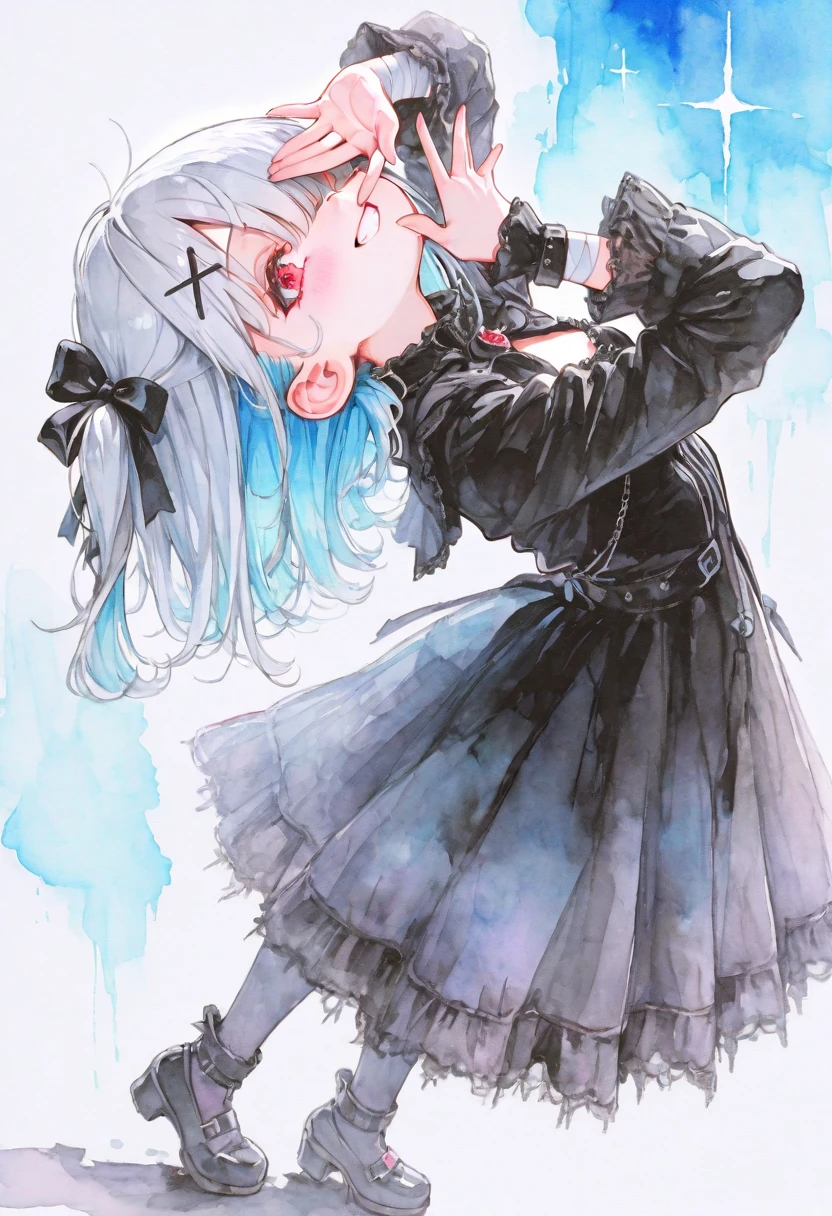 highest quality、highest quality、8K、Ultra-high resolution、highest quality、Super detailed、Perfect Face、Very detailed、Very delicate、1 girl、((solo))、(scared)、Gorgios、Soft Hair、Shoulder-length hair、Medium Hair((Light blue on the left、The right is pink))、((Light blue eyes))、Black long-sleeved shirt、Black shorts、belt、Confident々、smile、Mouth closed、Expressive eyes、Colorful eyes、contrast、Shadow、Digital Art、Shining Eyes、Intimidating、damage、Detailed face、Detailed eyes、Detailed Background、Dark Background、White and black base、Black liquid