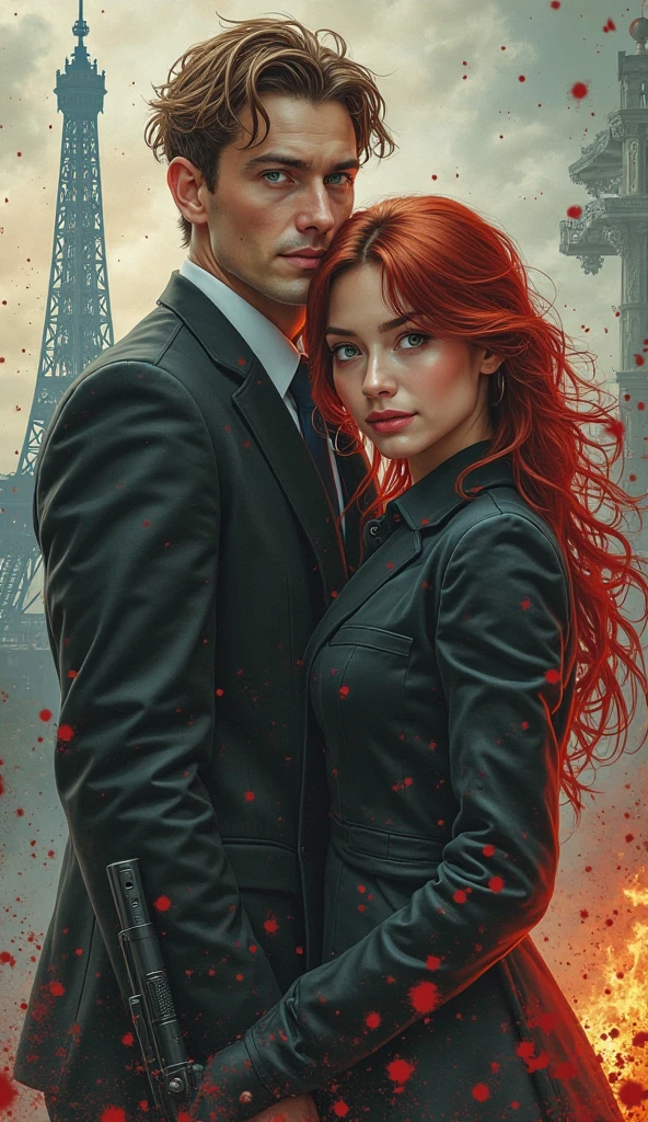 Medium build male with short hair wearing black uniform with American flag background and Red head Female 