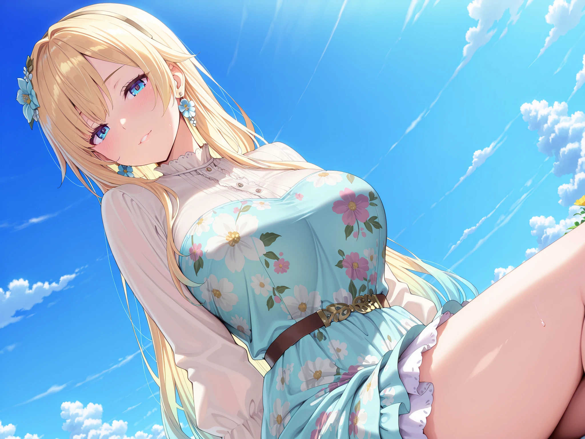 ((Highest quality、High resolution))、Beautiful woman、Perfect body、Beautiful and bountiful breasts、tits、Ass、long blond、bangs、Blue and white、Embellished blue sexy dress、skirt、(((ass pov、Showing panties)))、Outdoor Scenery、((Embarrassed、Love juice))