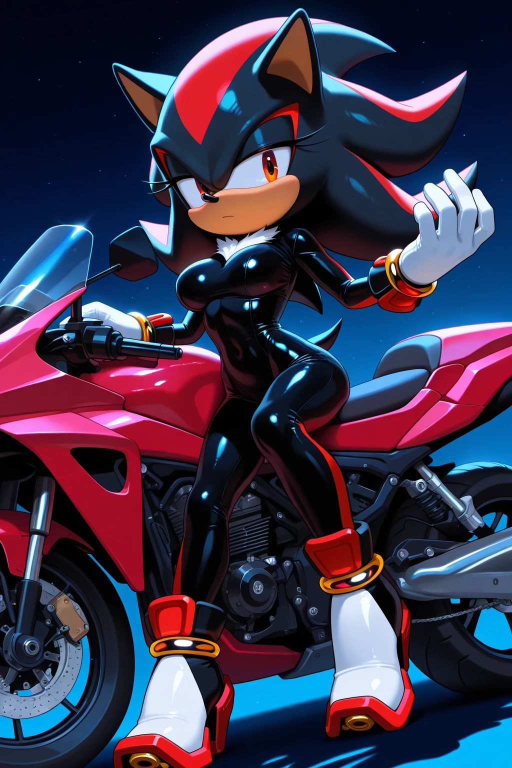 Mobian, female, (hedgehog similar to Shadow the Hedgehog but female), feminine eyelashes,red pupils, large breasts, black fur,two hair bangs, perfect feminine figure, seated on a motorcycle,black motorcycle, (detailed background), anime style, highway with mountains backgroud sharp focus, serious, furry female, (solo), hair over one eye,
black crop top with boob window, long red sleeves, fingerless red gloves with red cuffs, white tights, red waistband, white heeled sonic soap shoes,one hand on hip