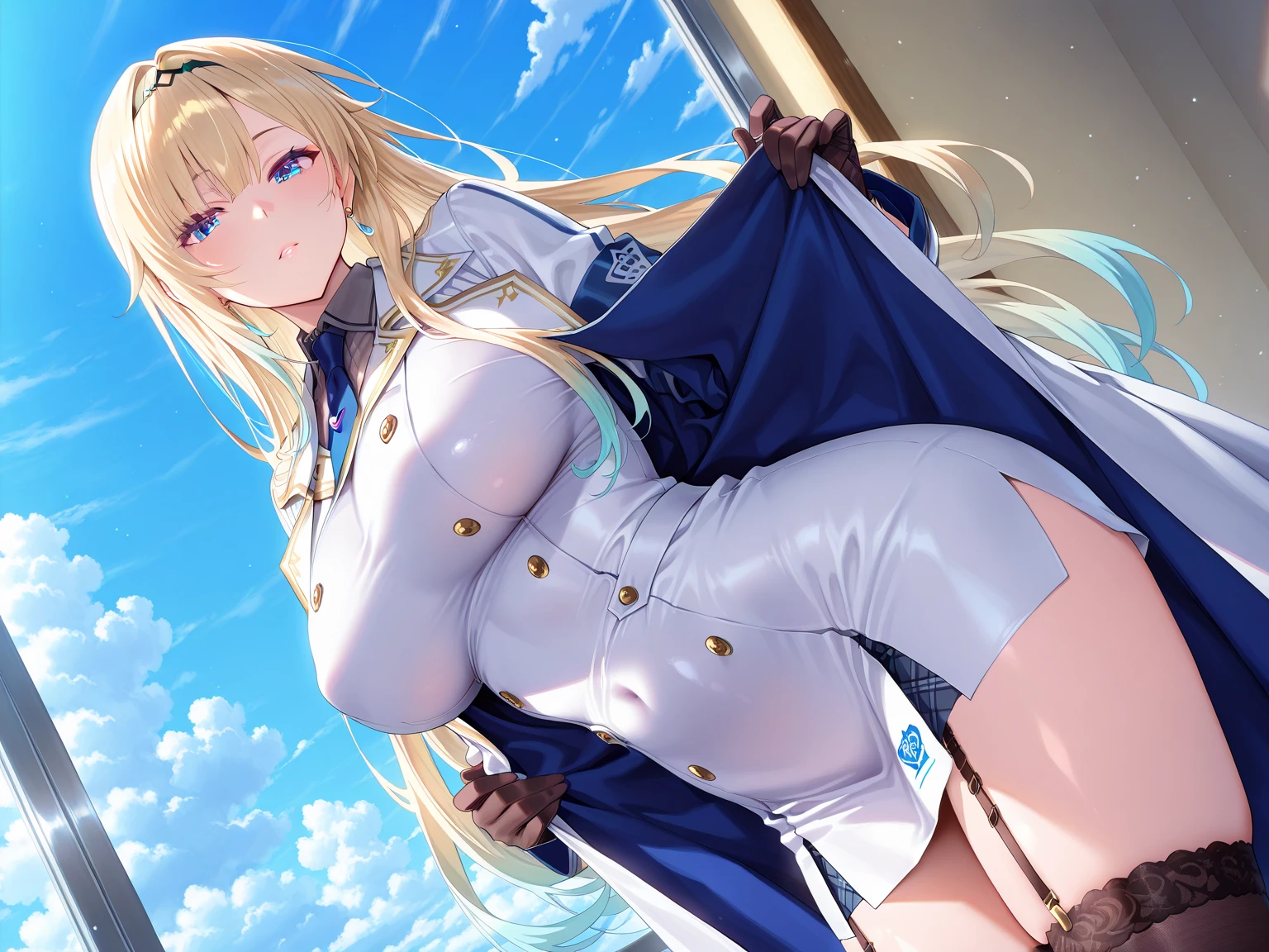 Golden hair, long hair, golden eyes,Cute face, G_CUP(HUGE_BREASTS), white hood