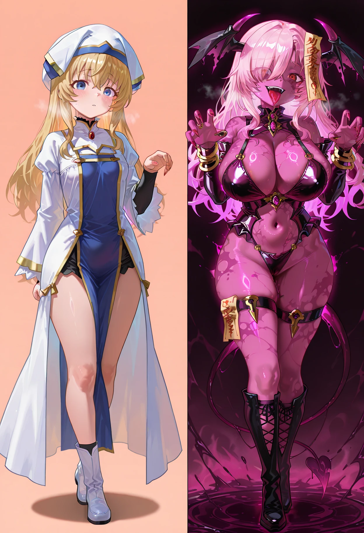3 girls, variety of hairstyles, variety of bangs, high fantasy costume, ((white background)), full body, multiple views, succubus, thong, shrug, leotard, cleavage, tie,