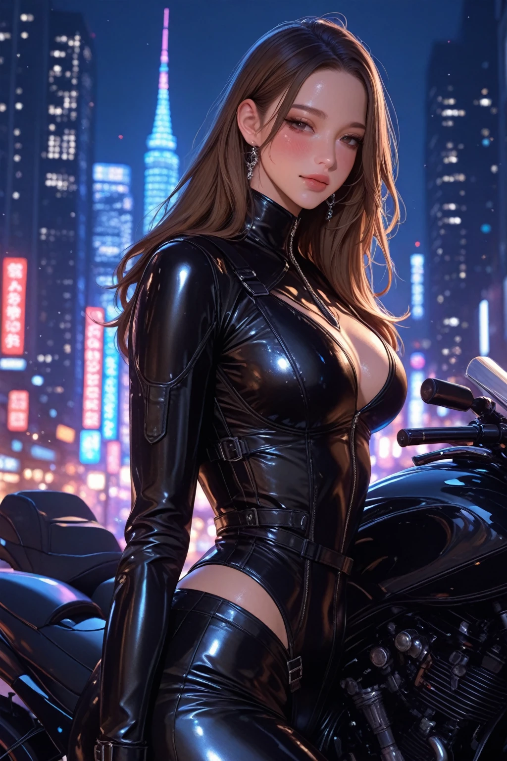 beautiful woman in a futuristic city, Cyberpunk style, Futur Clothes , Near a Futuristic MotoCycle, brunette, Long Curved Hair, red lips, Blue eyes, wears glasses, Big boobs, Thin waist, eYeliner, big eyelashes, seductive pose,