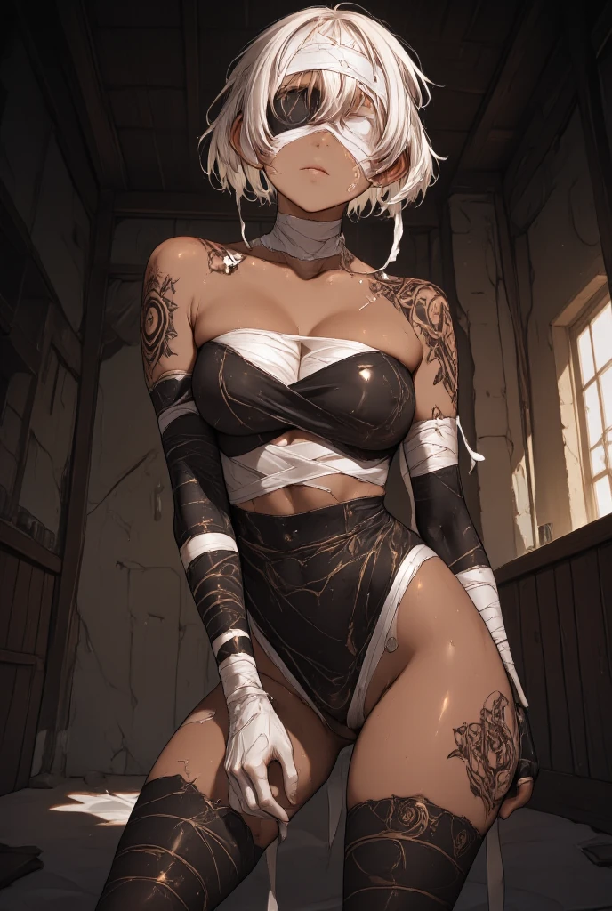 1 girl(YoRHa 2-gou B-gata "2B" - Nier: Automata), (black blindfold:1.5), black hairband, blindfold, hairband, short hair, white hair, beautiful detailed lips, extremely detailed face, longeyelashes, detailed skin, slender sexy body, toned skin, sharp facial features, high cheekbones, long elegant legs, crouching pose, (best quality,4k,8k,highres,masterpiece:1.2),ultra-detailed,(realistic,photorealistic,photo-realistic:1.37),cinematic lighting,dramatic lighting,dramatic shadows,high contrast,chiaroscuro,moody,sensual,erotic,nsfw
