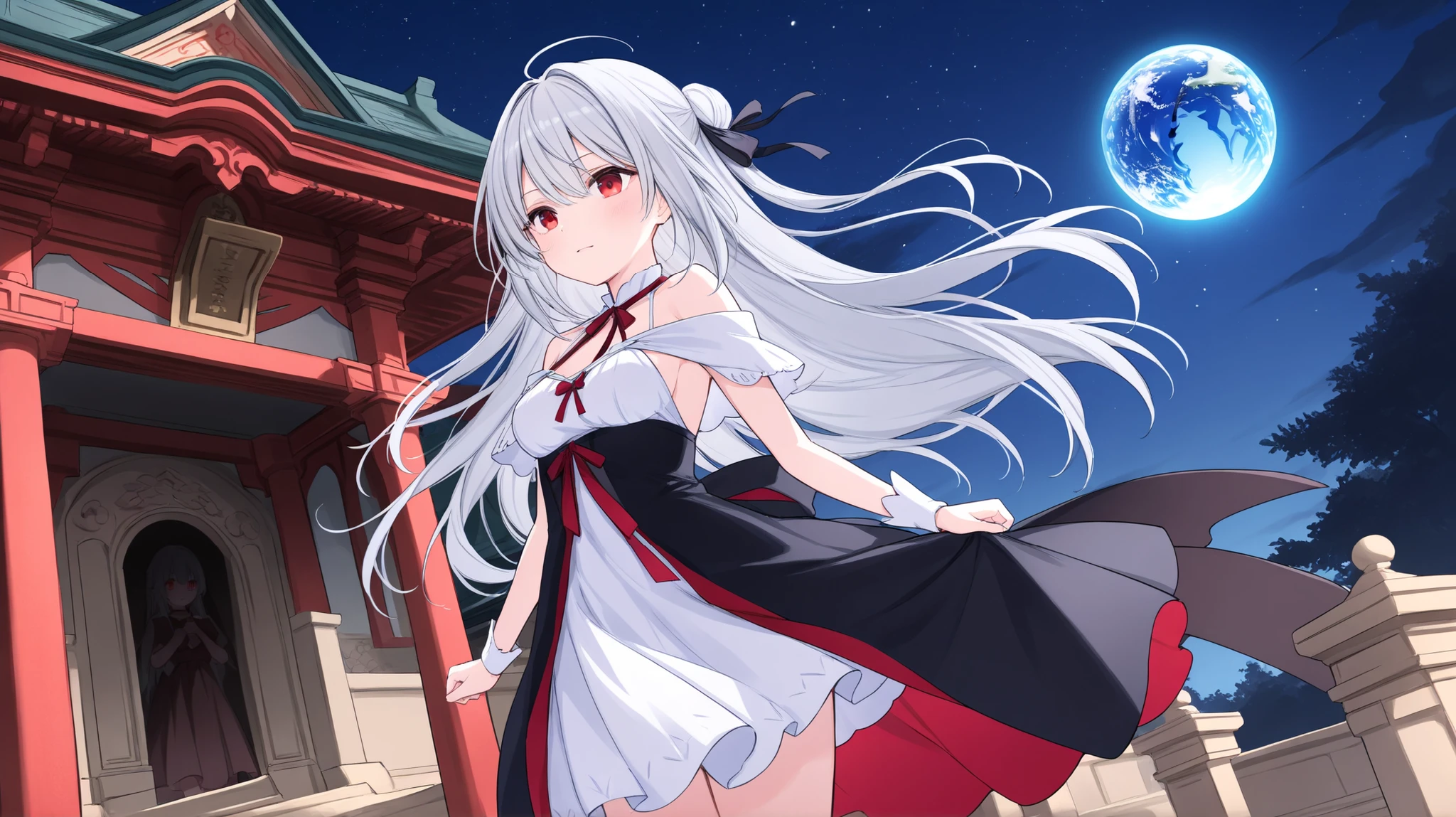  dress、In a temple with only columns、Mysterious illustration of the upper body of a woman with medium silver hair and red eyes。I can see half of the Earth in the night sky。