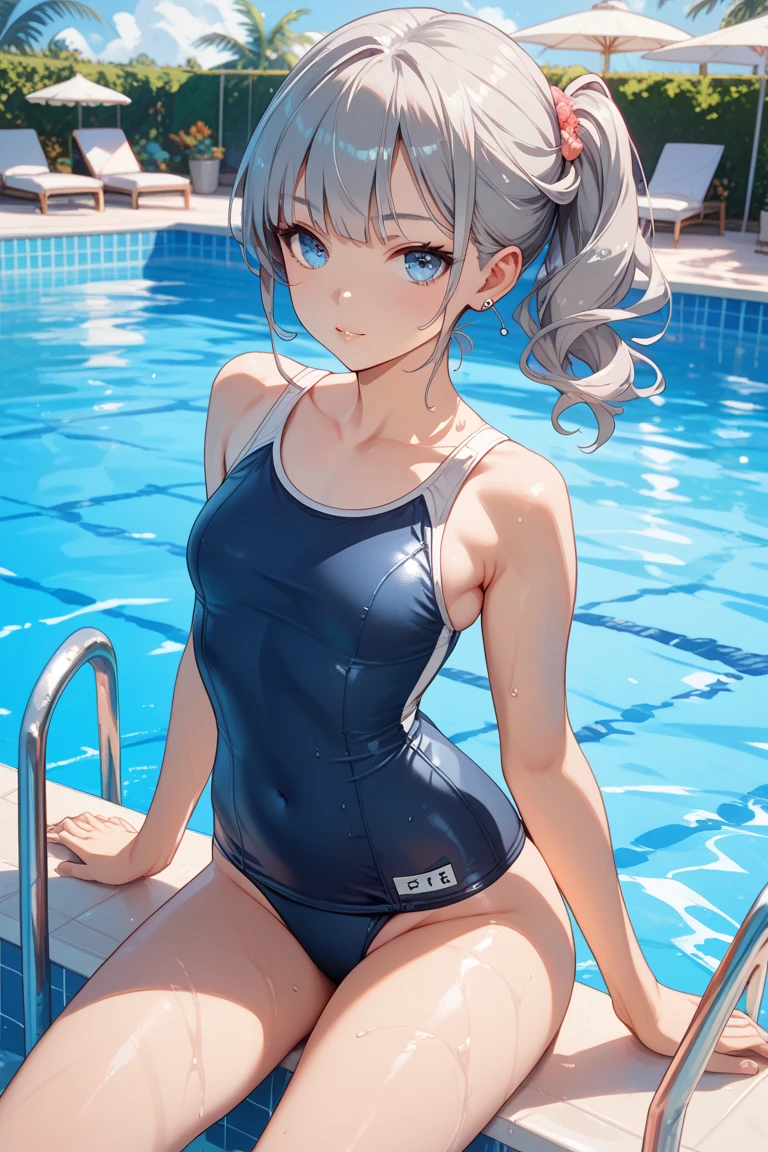 Silver Hair、Red Eye、Fox ears、girl、Small breasts、ponytail、girl、Small breasts、Lolita、Bright smile、Looks about 15 years old、Petan Musume、Short、目のhighlight、Sexy thighs、Wearing a school swimsuit、Pool、Your eyes are so beautiful、highlight