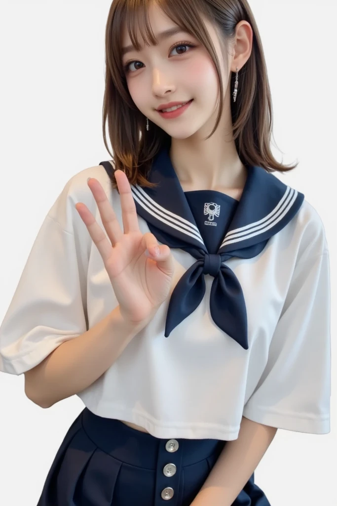 ((Top Quality, 8k, Masterpiece: 1.3)), Sharp Focus: 1.2, Pretty High School Girl with Perfect Figure: 1.4, Slim Abs: 1.2, ((Black Hair Layered Haircut, Beautiful: 1.2)), (White Sailor School Uniform: 1.1), (Rain, Street: 1.2), Wet Body: 1.5, Highly Detailed Face and Skin Texture, Detailed Eyes, Smile, Bangs, Baby Face, (Super Cute Face: 1.5), Nogizaka 46, AKB48, 16 years old, neat, lover's point of view, (beautiful legs), genki, navy blue uniform skirt, slim figure, constricted waist,