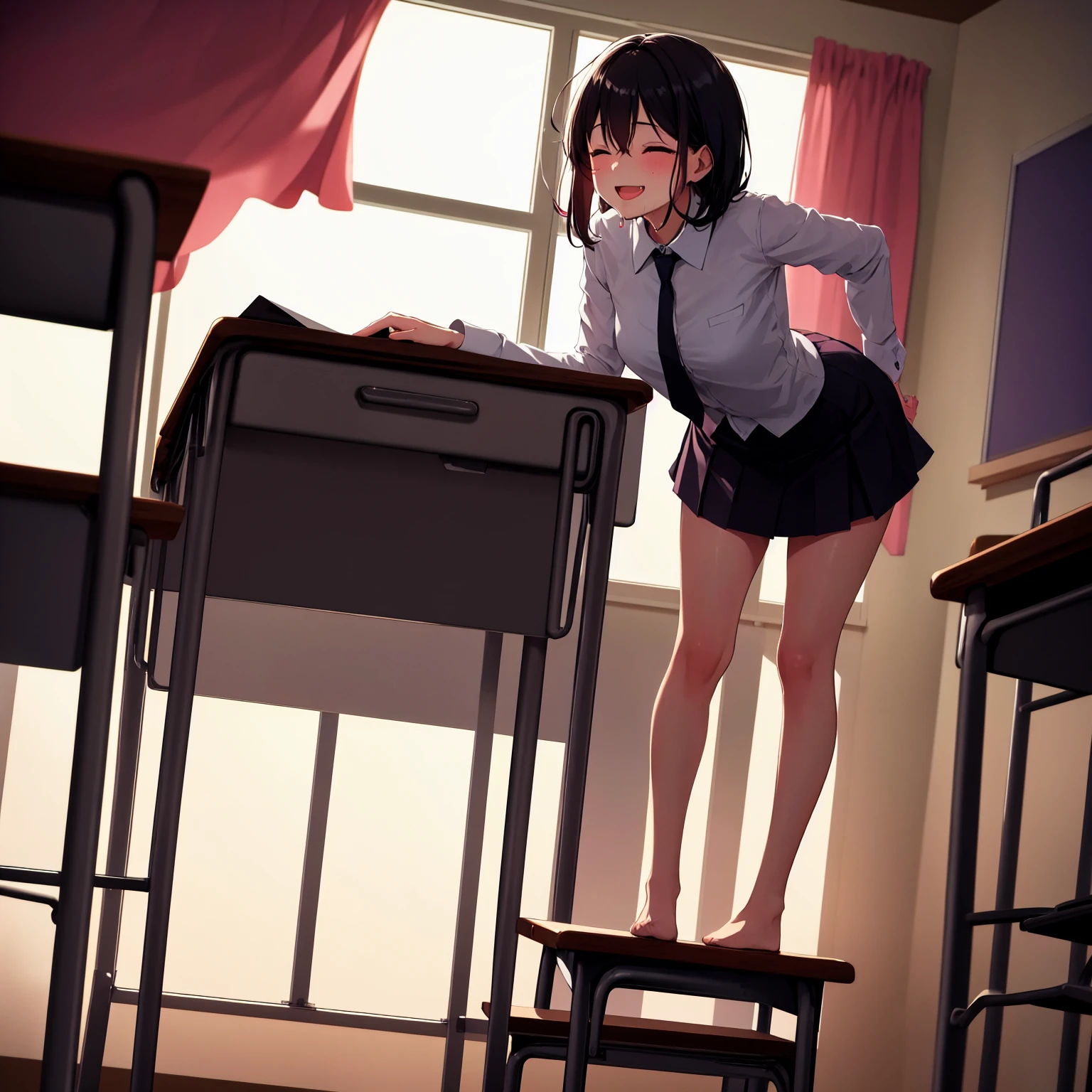 A 1 schoolgirl in a short skirt bends over to pick up a pen, camera behind