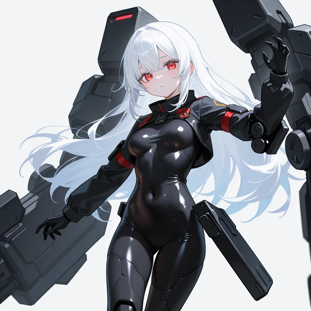 tmasterpiece，Best light and shadow，intricately details，1girll，独奏，whaite hair，long whitr hair，Armour，Exposing thighs，Machinary，solid color backdrop，grey wall，earnestly，looking at viewert，submachine gun