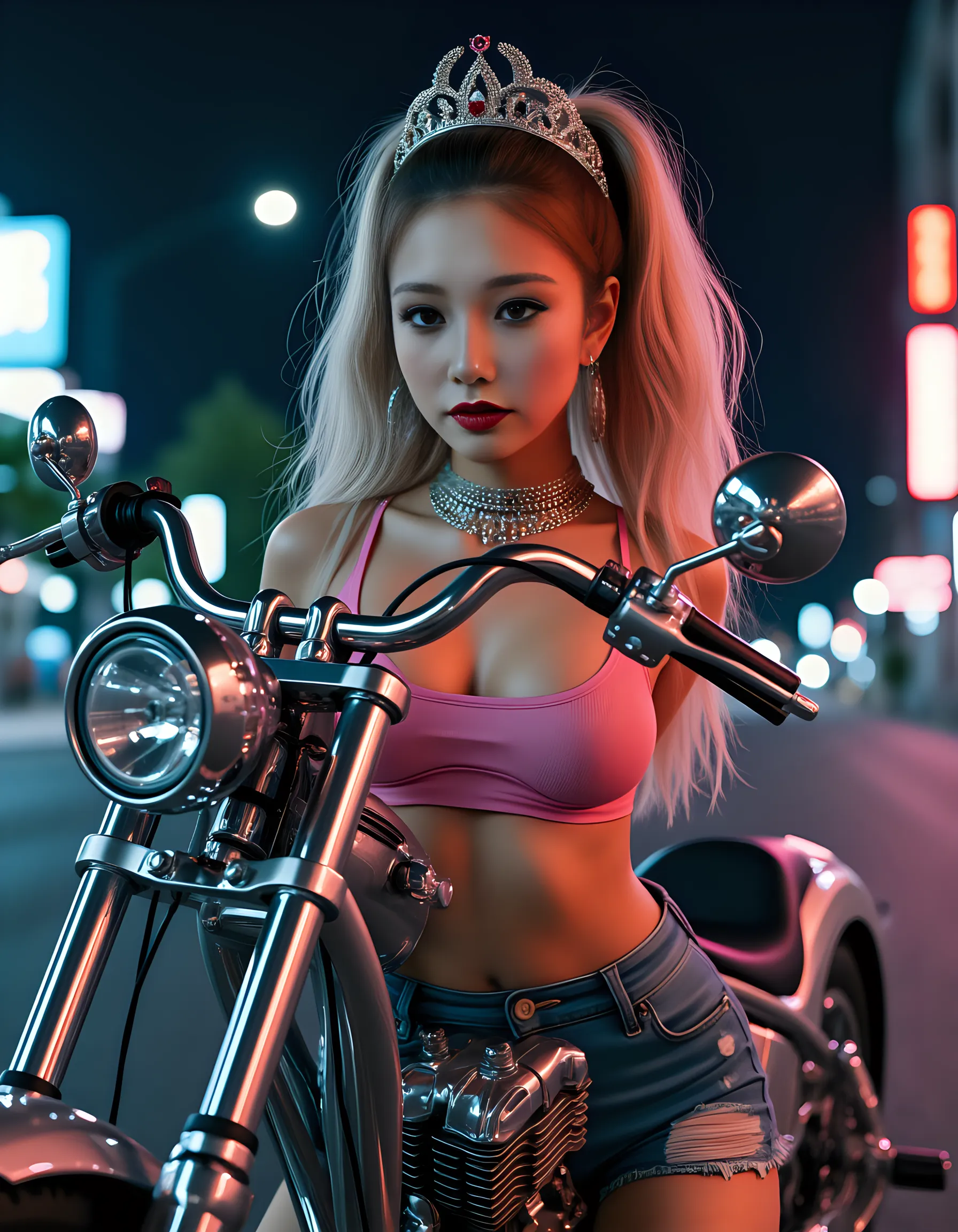 1girl, (Blue eyes), (Smile), (Sana Minatozaki), wide hips, Big Boobs, big ass, round butt, (Best Quality, 8k, Masterpiece: 1.3), perfect hands, Clear Focus: 1.2, Perfect Body Beauty: 1.4 , Slender Abs: 1.2, Highly detailed face and skin texture, detailed eyes, double eyelids, (blonde long hair :1.2), (Pink latex leotard :1.2),standing, dynamic pose, at the Shibuya Tokyo intersection, night illuminated by many signs, (racing motorcycle in the background :1.2)