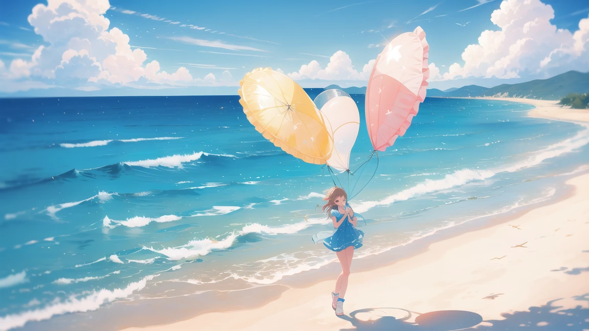 1 girl,alone,blue sky, Ocean, Short skirt,I'm drenched in sweat、Midsummer、A kite is flying in the sky (Highly detailed background:1.0), (Highly detailed background:1.0),