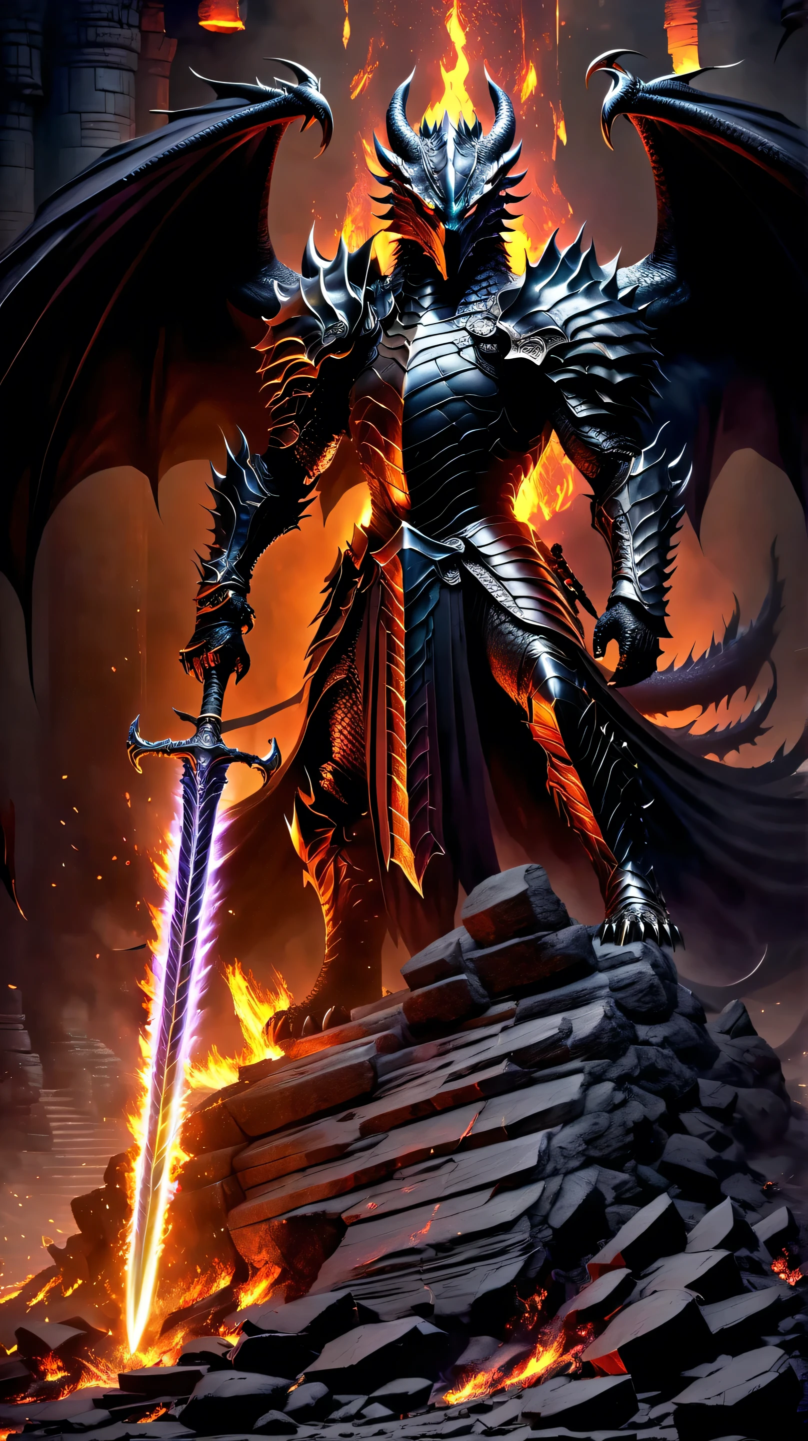 A dark armored dragon knight awakening from a seal, shadow of a giant black dragon behind, cracked earth and fire pillars, holding a flaming sword, intense gaze, surrounded by destructive aura
