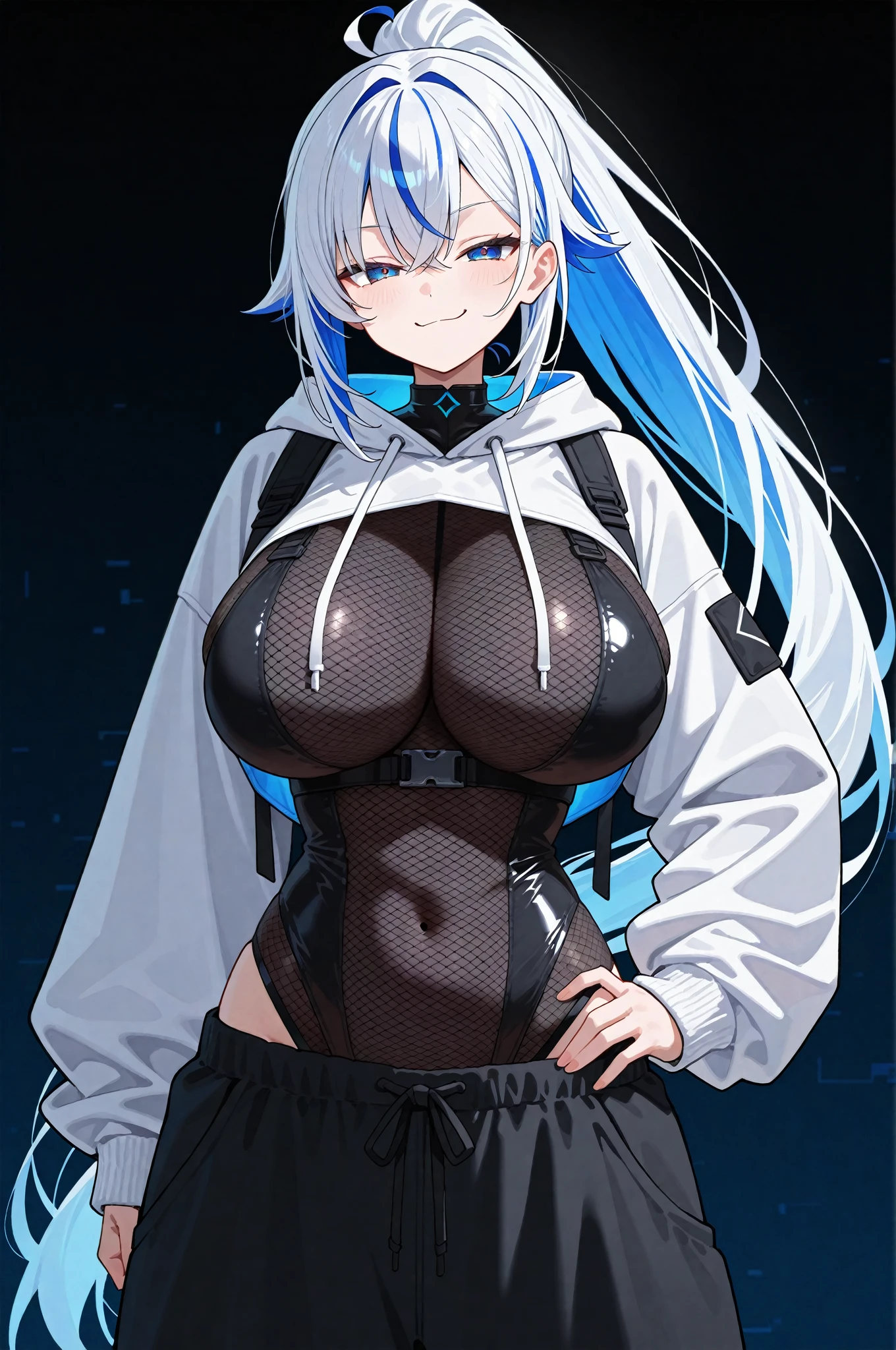 Adult woman, short white hair, high ponytail, blue eye color, White luxury jacket, pants, open breasts, blue lipstick, ssmile, Masterpiece, hiquality