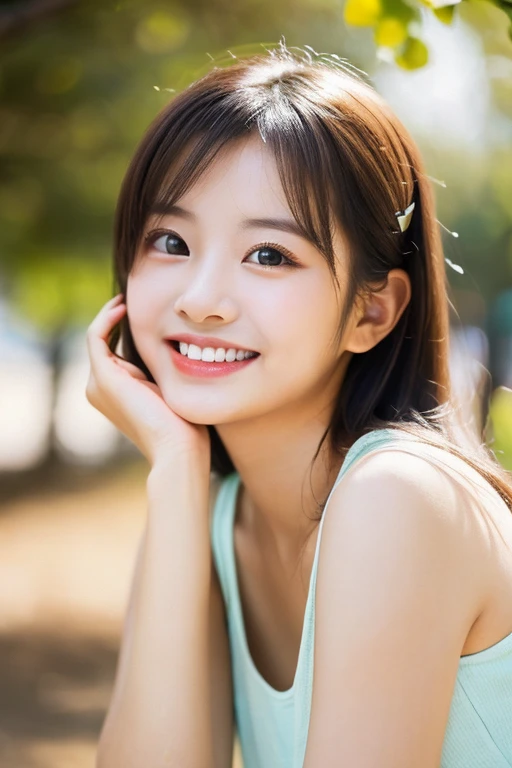 close your eyes、With a big smile。Her cheeks were slightly red.、Mouth open and smiling happily。Her expression shows pure joy and happiness.。Droopy eyes