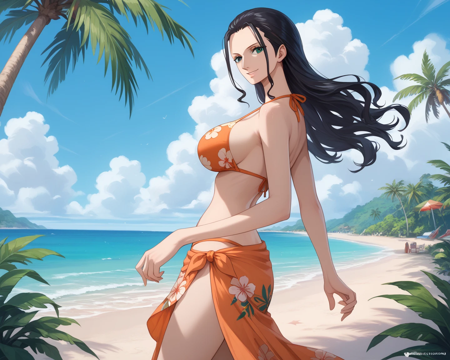 A photorealistic image of a South Asian woman in her 40s milf big tits with long, dark hair dancing on a beautiful beach with white sand and clear blue water. Palm trees sway gently in the background. She is dressed in a flowy sundress (or beach appropriate clothing) and has a joyful expression on her face. Her arms are raised and her hair flows freely in the breeze. The style is bright and colorful, capturing the energy and fun of the moment.