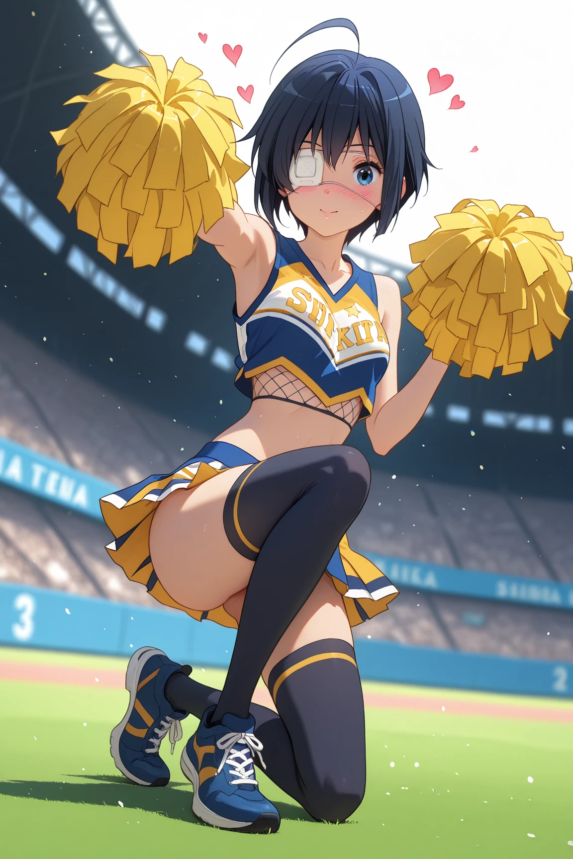 NSFW,masterpiece,Highest quality,High resolution,Very detailed,white\(no game No life\),Long Hair,Multicolored Hair,Hair between the eyes,Gradient Hair,Yellow Eyes,Flat Chest,ponytail,(Cheerleader),See-through,Tank top,Crop top,Micro Mini Skirt,Groin,Hip joint,Knee-high socks,Thigh straps,sports boots,baseball Ground,Audience seats,fence,Frustrated face,blush,Sticking out tongue,Sweat,sexual excitement,((??????? face)),(Squirting),(orgasm),(Trembling),squat,Leg spread,(Remote Control Vibrator)