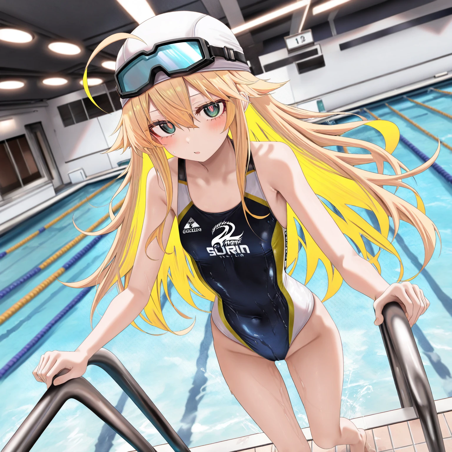 Beautiful and blond, messy hair, wearing all black, free arms, swimsuit, looking at the viewer, blurred pool background with race track