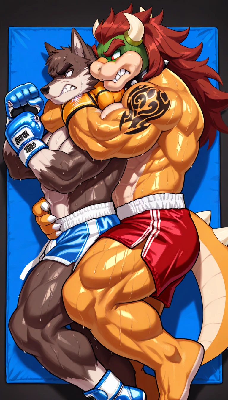 Super muscular adult boar beastman,(Wear a full uniform:1.7),Open your mouth and stick out your tongue,Surrounded by men,(a large amount of semen on the face and body,:1.6),wrestling,(Anal Sex:1.7),(Nipple ring piercing:1.3), from red and black erect penis,Big cock,scrotum,(Masked:1.5),Brown fur,Black hair and beard,rape,On all fours