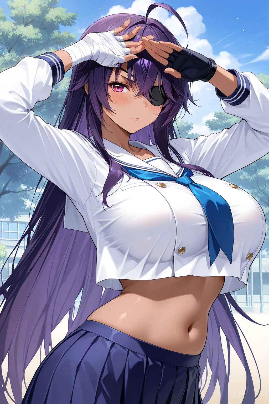 masterpiece, best quality, highres, komi shouko, long hair, purple hair, ponytail, baseball cap, eyewear on headwear, sunglasses, large breasts, cleavage, halter dress, sleeveless, jacket, single gloves, white belt, miniskirt, thighhighs, standing, cowboy shot, outdoors