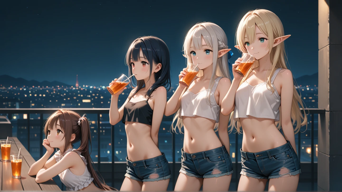 ((masterpiece, best quality, ultra quality, high quality, hyper detailed, intricate detailed, perfect anatomy, shiny skin, cowboy shot,)), (3 woman:1.5), cute woman are posing for a camera, (In the tavern at night:1.2)、 (Lifting SHIRT:1.3), (open your mouth and laugh:1.3), (line up in a row)、(tits)、hair band, headband, hair bobbles, blouse, shirt,silver hair, brown hair, blond hair, (navel), jewelry, looking at viewer, necklace, long hair, short hair, (abs), (Depth of the bounds written),