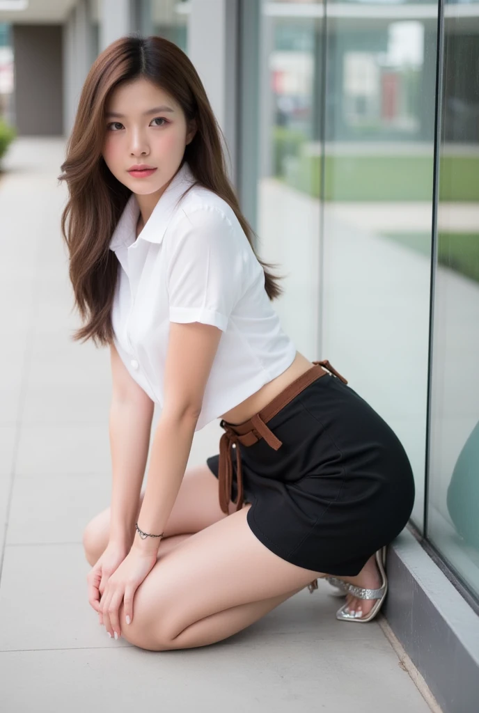 photorealistic, high resolution, 1 woman, Hips up high illustration enlargement、beautiful eyes, ring eyes, Brown Short Hair ,High 、white shirt, No skirt、short tie,white top and bottom underwear,Crouching, spread legs,s toe