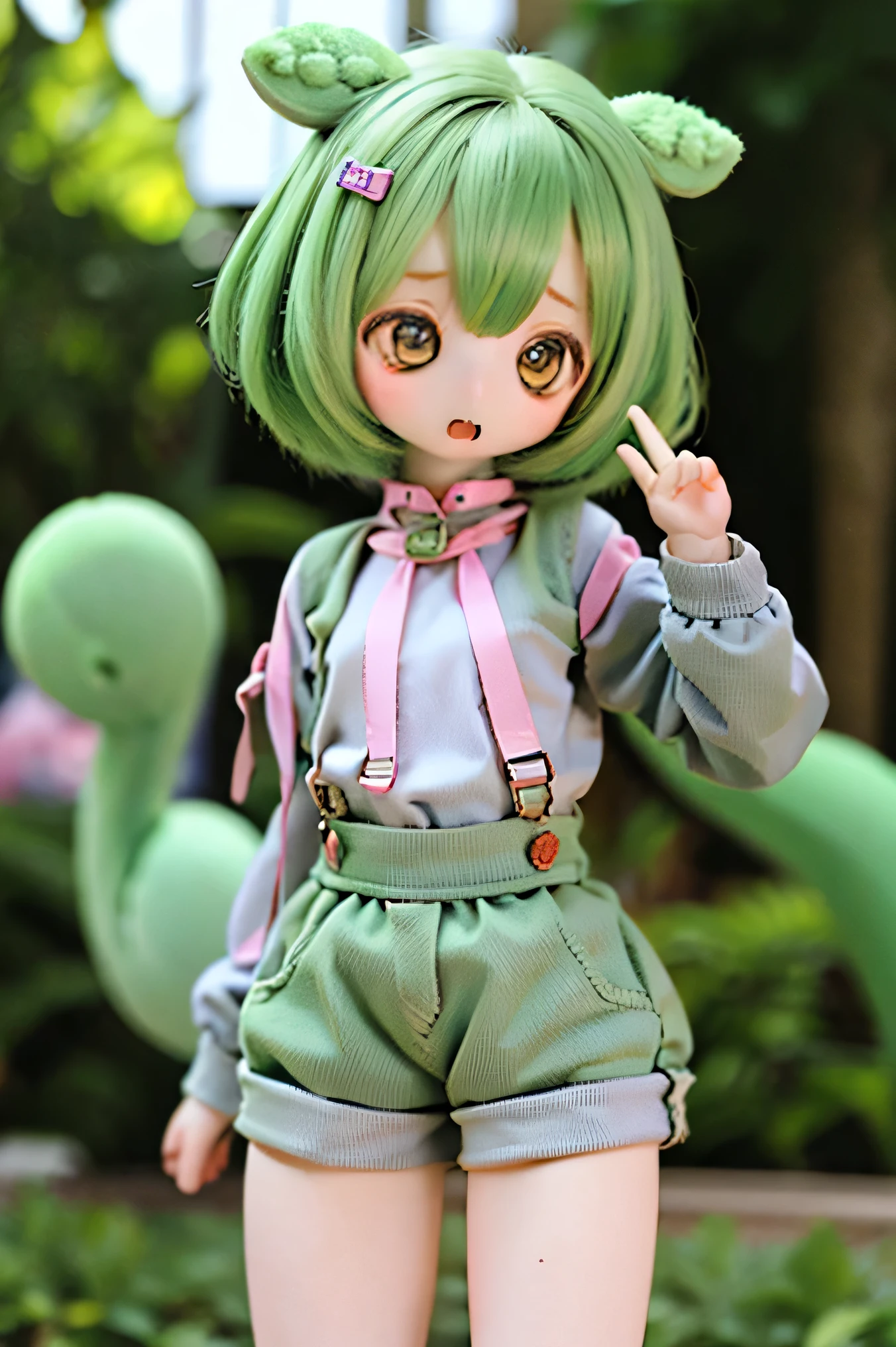 cute green-haired zundamon in playful pose, ( chibi), detailed character design around town , Delicate Details , surreal , photorealistic , 8k, masterpiece , is high resolution, bright color, spring spring sweater , Natural Light, 、 warm palette , amazing , fantasy shot with Nikon Z7 II mirrorless camera , cute , cuteデザイン , , Heartwarming、Edamame、 Naked、Little