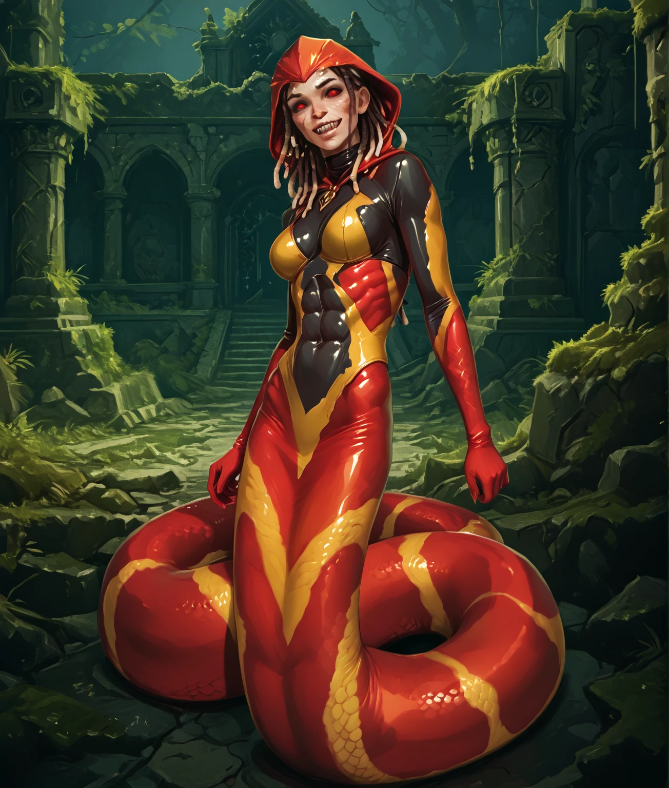 Horror. Anthro snake-girl. Slender naga body. Yellow/black/orange/red snake-skin. Cute 18-year-old Naga/Lamia-girl with big Asian red eyes and cobra-hood and unnaturally sharp teeth and dreadlocks with white highlights. She has snake-eyes. Sharp and pointy teeth. She has a cute and beautiful yellow latex face with leather-skin. She has a round and young face with a pointy chin. Her latex body is athletic with abs. Her skin is like latex/leather. Background: medieval jungle ruins. Realistic lighting. DnD art-style. fake box art, semi-realistic, Looking at the viewer. 