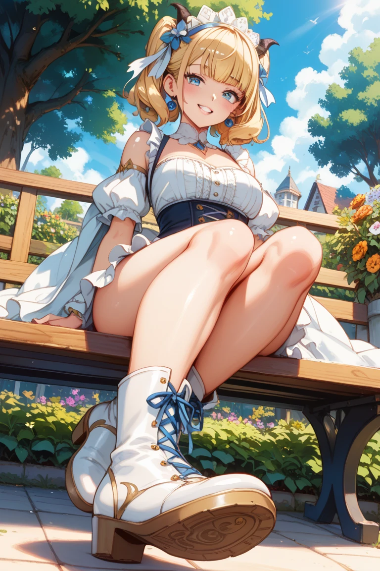 (miniature woman below the breasts of a giantess: 1.1), (a miniature woman in front of a giantess), closeup breasts and face, (from below view: 1.2), (medium sized breasts) cleavage, (girl with blonde hair bun hairstyle bangs short hair), (medieval fantasy: 1.1), nipples, (fantasy outside: 1.1), (very low angle perspective: 1.2), (foot), barefoot, fields, sitting on ground, plains