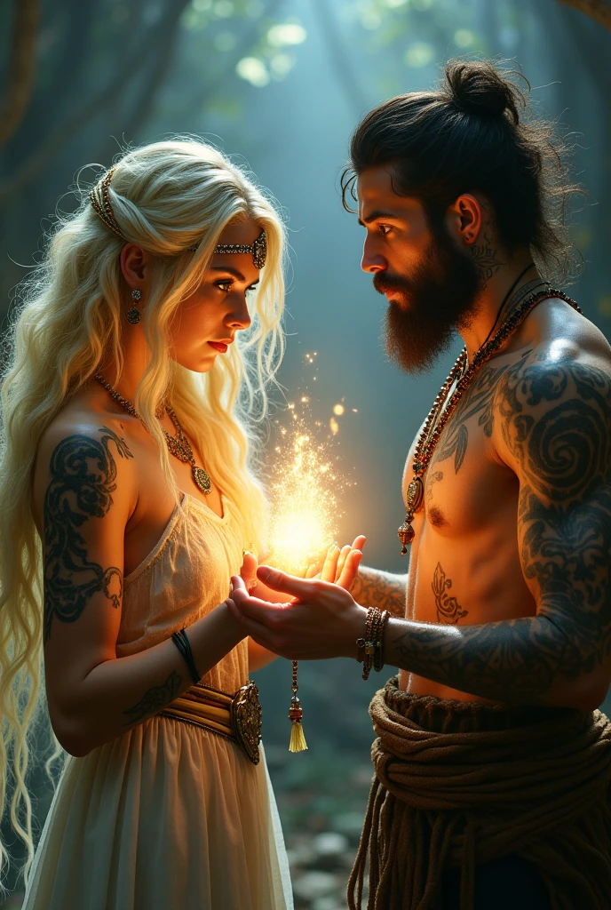 Sacred rebels, an extremely attractive couple. Dark bearded handsome bald shaman man with muscular upper body bare. Blonde fairie-like bimbo girl, dressed in flirtatious pink skimpy underwear, perky big breasts, plenty of cleavage, hourglass body. Lots of hippie style jewelry. Side by side, touching each other sensually, facing the camera, looking into the camera. General tone of picture is vivid colors, dreamlike, psychedelic.