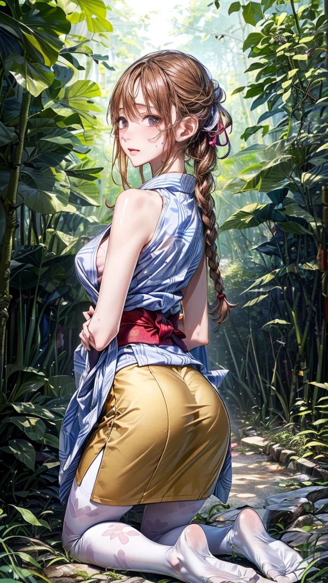 ((best quality)), ((masterpiece)), (detailed), 1girl, (big forhead:1.2),extremely detailed cute anime face, (((flat chest))), (flat chest:1.1),((((long twin braids,tight braids,long braid,braided hair,long hair)))),intricate eyes,beautiful detailed eyes,symmetrical eyes,(((detailed face))),beautiful detailed lips, looking at this, (((embarrassed))),(horrified expression),(panic),(crying),highres,(best quality),(ultra detailed,extremely detailed),perfect face details, ((masterpiece:1.4, best quality))+, (ultra detailed)+, long twintails, cute girl, (flat chest:1.1), small breasts, slim body, skinny, ((narrow hips)), prominent collarbones, skinny arms, flat stomach, visible hip bones, long hair, red hair, white hair, blonde hair, dark hair, ponytail, thick ponytail, heavy ponytail, small breasts, perfect face, small breasts (flat chest:1.1), NSFW, long revealing gown,Detailed body,Full limbs,(from behind), (turning), ((front facing)), NSFW, (flat chest:1.1), wild environment, jungle, nature