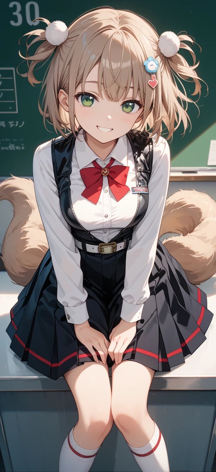 score_9, score_8_up, score_7_up, score_6_up, score_5_up, score_4_up, rating_safe, source_furry, a female anthro fluffy, 1girl, solo, female, furry, anthro, fluffy tail, small breasts, tiger, striped fur, yellow eyes, anthro, a tiger girl in black high stockings and white glasses next to a classroom blackboard, 1girl, chalkboard, thighhighs, skirt, clothes lift, solo, glasses, underwear, skirt lift, panties, furry, furry female, white panties, black thighhighs, lifted by self, black skirt, looking at viewer, shirt, classroom, white shirt, round eyewear, curvy figure, lewd expression, thick highs