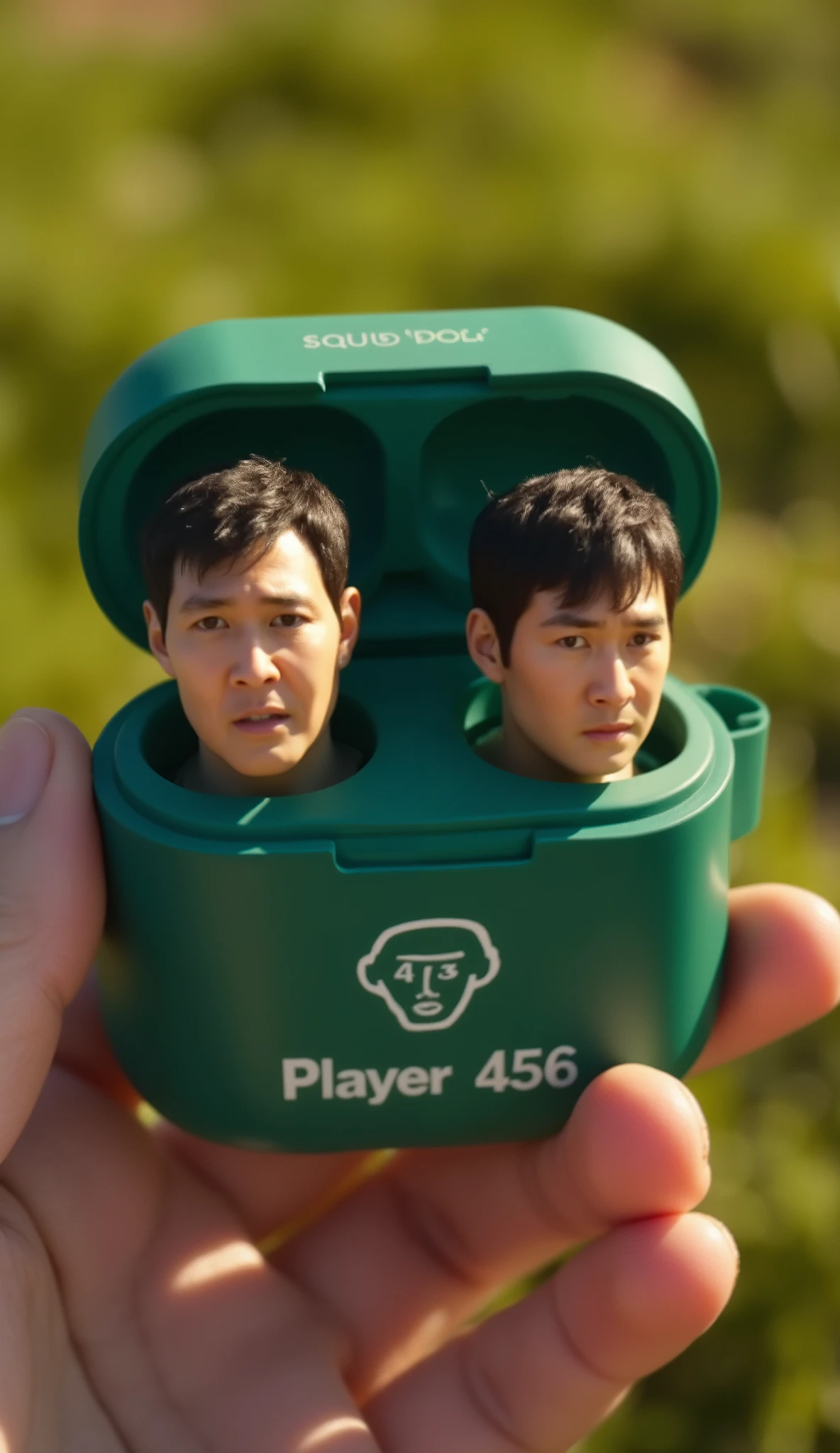 A hyper-realistic close-up shot of a wireless earbud case held in natural sunlight. Inside the open case are two earbuds shaped like stylized Player 456 heads — matte plastic heads with simplified facial features, wavy dark hair, and the number 456 imprinted on their foreheads in white.
The case is green, matching the tracksuit color but in a lighter tone, with a simple line-art face icon and the label “SquidPods – Player 456” on the front. Background is a grassy field under soft daylight. Warm tones with creepy undertones, rendered in 4K surreal realism.