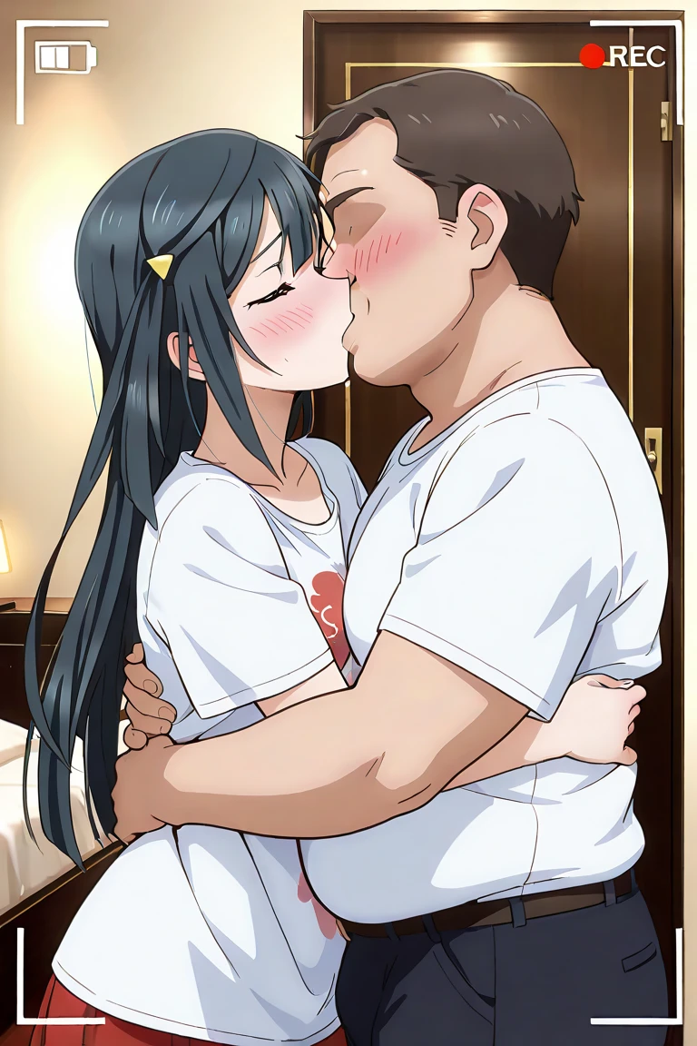 shinkai makoto, kimi no na wa., couple (1girl, Brown eyes, worried eyes, black hair, twsited half up, red ribbon, long hair, nude, medium breast, pink nipples, nipples), face to face, passionate hug, boy lick girl chest, boy suck girl's chest, boy sucking girl's chest, boy suck and licking girl's chest,(1boy, buzzcut, muscular,open mouth, naked,) sit on bed,indoor, bed, bedroom, night,lamp