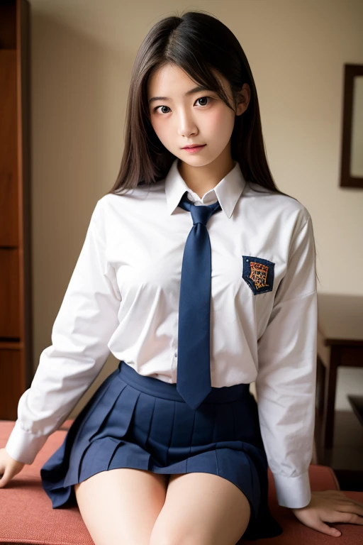 ulzzang-6500-v1.1, (Raw foto:1.2), (Photorealistic:1.4), Beautiful detailed girl, very detailed eyes and face, Beautiful detailed eyes, Ridiculous, Unbelievably ridiculous., huge file size, A highly detailed, high resolucion, Very detailed, Best Quality, Masterpiece, Chemomimi, ((Japanese girls' high school uniform)), Illustration, Very detailed, BAPV, integrated, 8K wallpaper, amazing, Fine details, Masterpiece, Best Quality, Highly detailed YTD uniform 8k wallpaper, light on the face, Cinematic lighting, 1Girl, 16yo, ((Dynamic Pose))), (camel toes), (half), (Pantyhose), (standing posture)