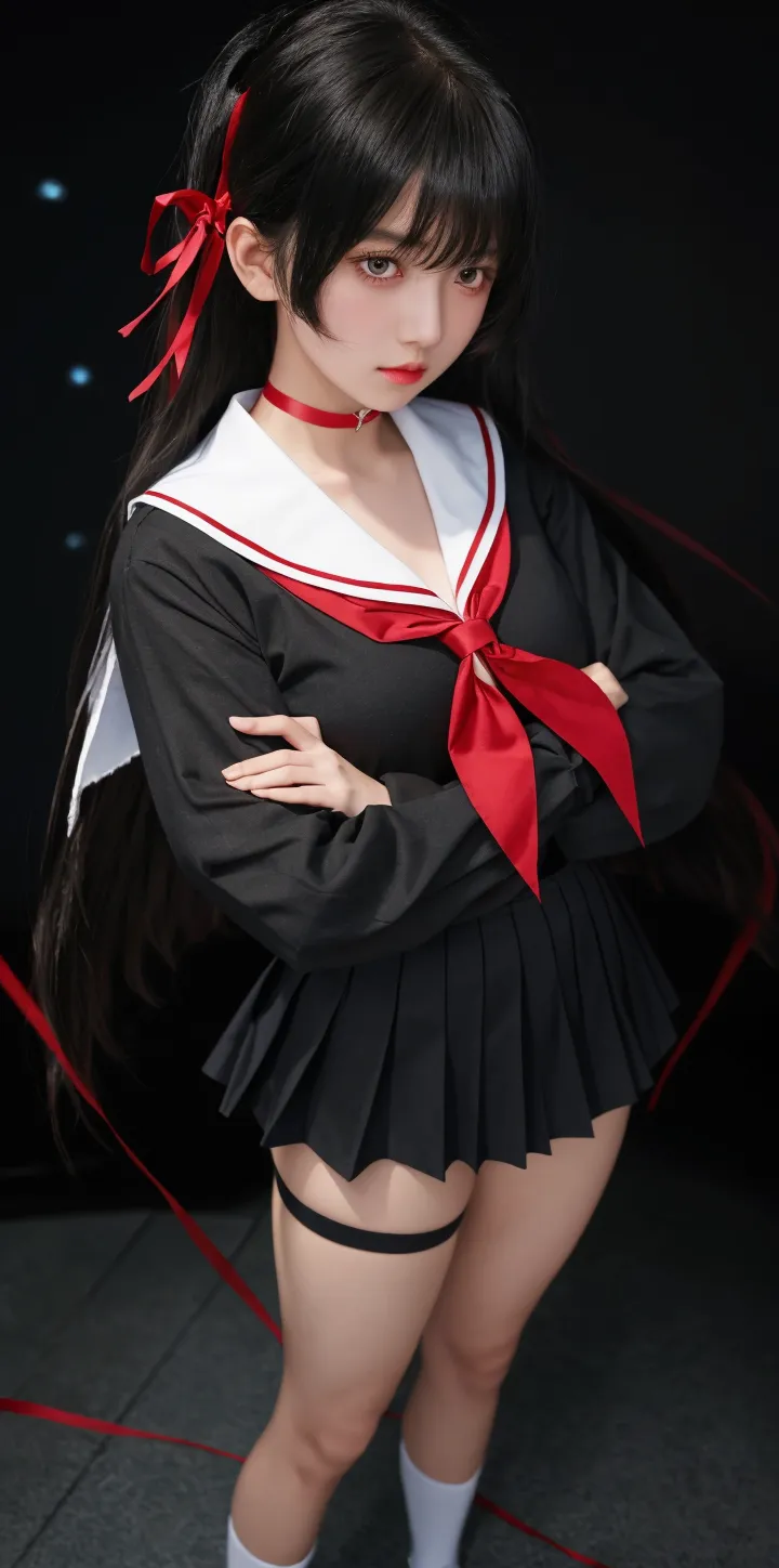 Black long hair, red eyes, black sailor suit, black skirt, black pantyhose, mature girl