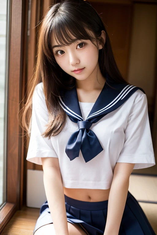 (masutepiece, Best Quality:1.2), 8K, Official art, Raw photo, unbelievable Ridiculous, (Upper body, (Sailor Uniform, white panties), serafuku, Sitting:1.4), Beautiful Girl, Idol face, arching back down, large full breasts:1.8, thighs thighs thighs thighs, Stockings、 close up, (School uniform), Short sleeve, gardenia, violaceaess, classroom school, Looking at Viewer, No makeup, Film grain, chromatic abberation, Sharp Focus, face lights, Dynamic lighting, Cinematic lighting, Detailed face, Bokeh background, (Dark red bow tie:1.3)