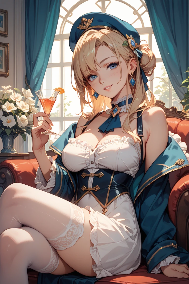 masterpiece,best quality,1girl,solo,gloves,crossed legs,cup,sitting,dress,(large breasts:1.3),elbow rest,looking at viewer,thighs,head rest,cleavage,drinking glass,night,indoors,table,hair between eyes,holding cup,closed mouth,drink,lamp,hand on own cheek,long hair,bar (place),food,hand on own face,lumine \(genshin impact\),(white knee boots:1.3),,blonde hair,short hair with long locks, yellow eyes,hair flower,hair ornament,cleavage, ,white dress,detached sleeves,whitescarf <lora:lumine:0.9>