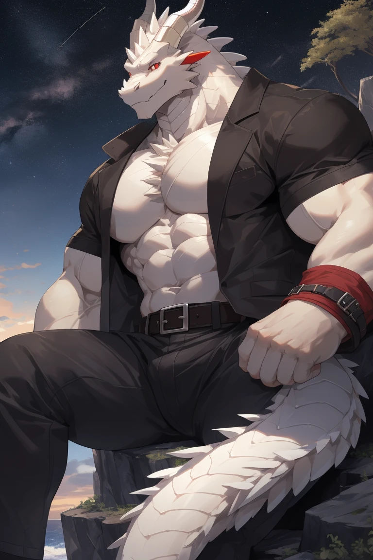 (masterpiece),(Very detailed),(best quality),alone,hairy,Wolf,gray fur,white hair,black beard,muscular,Strong build,(Colar 1.2),naked,Kneel and sit on the ground,room background,8k,((high quality))