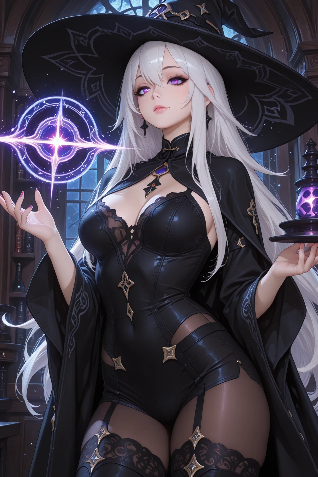 1 small girl, pale skin, gray skin, white hair, white eyes, chaos witch, dark purple witch hat, dark purple clothes, dark purple dress, huge cleavage, bellybutton, thigh window, big breasts, in a castle at night