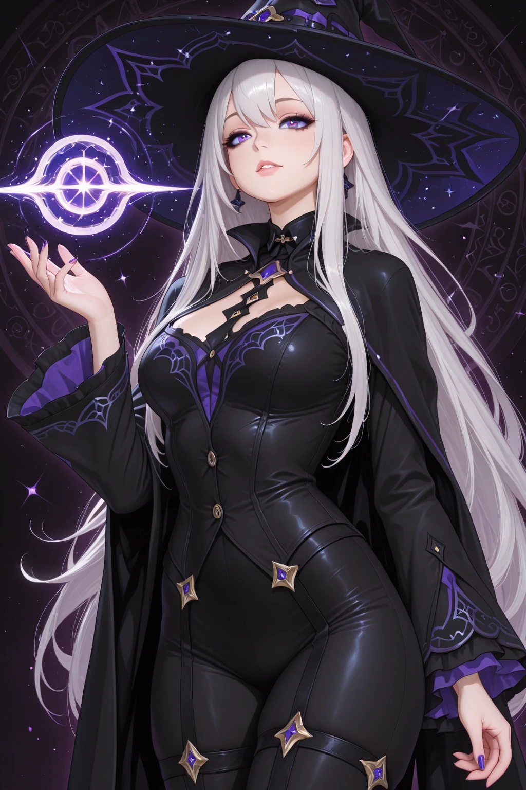 dark magic user, black holes, witch, cursed tattoo, robes, grey skin, crest, close-up, huge magic circle on hand, fantasy art, sapphire accesory, perfect body shape, look away, shy blushing face, masterpieces, solo, magical belt, void aura, mystic quality, less clothes