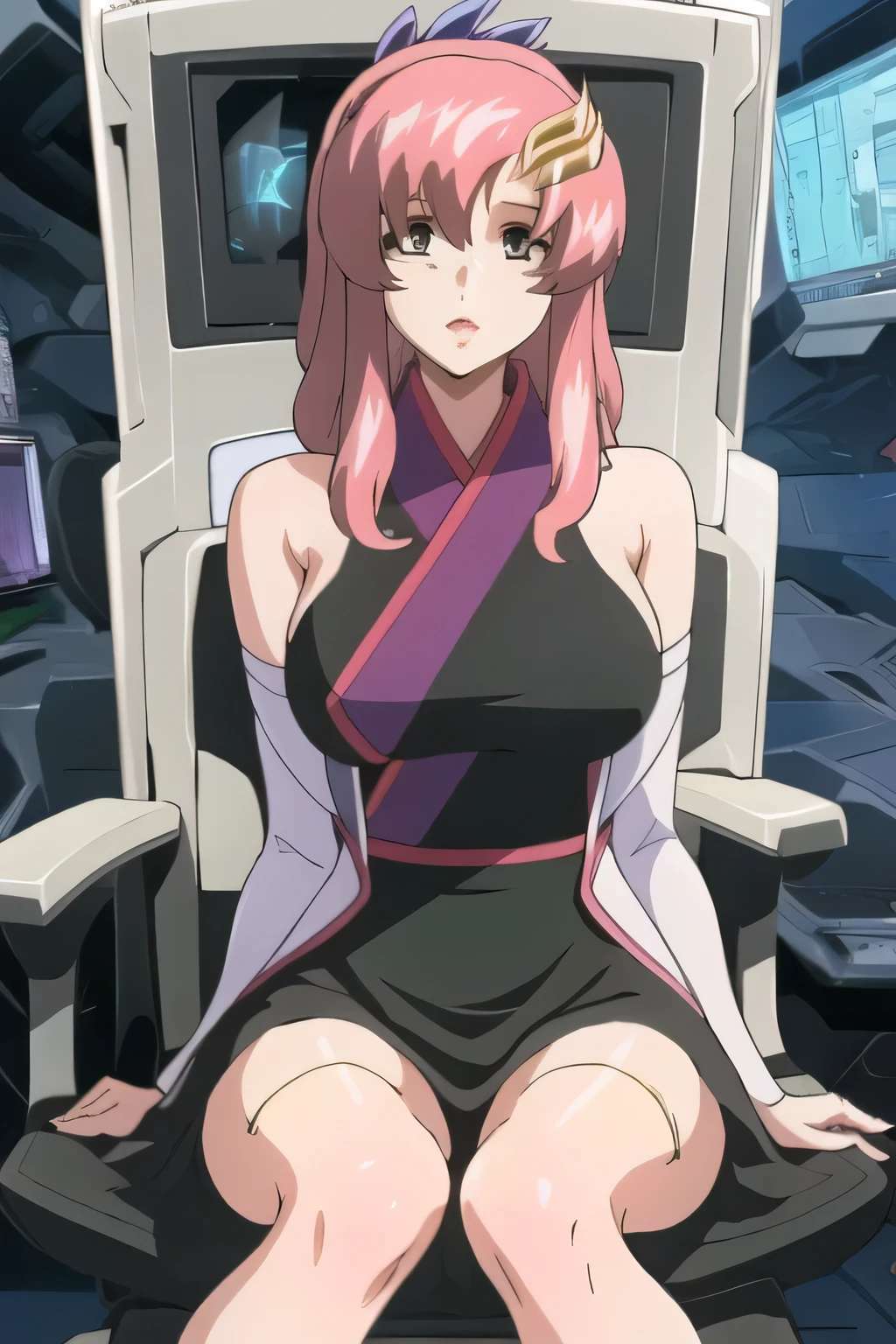 Big Breasts, smiling at the top of the image ,Smile Yan, please draw a more delicate expression,Accurate representation of hands and legs, sleeveless thin uniform ,my nipples are sharp、When wet, it becomes transparent ,big boobsをさらにさらにbig boobsに描いて下さい,cockpit with a view of the outside,A black uniform like a kimono, I'm wearing a black and pink uniform ,micro miniskirt that surrounds the legs,Faces are important,,あなたのSmile Yanは素晴らしい,Pink hair roots,素敵なSmile Yan,,, ,,Fun,Spaceship Bridge,{{X}},describe her look in more detail,Walking Alone, ,,((( I'm wearing a black and pink uniform ))), ,(I definitely need the face of。Let's draw a more delicate expression),(I'm sitting on my back in a ninja costume。pink border on black background),( black panties),(That job is enough for 1 person {X} can you draw the perfect balance to suppress destruction)、 That's enough,grimace。unless the job requires it。 {X}、 , Attractive 20 Year Old Woman , Big black wavy hair, , big boobs, thin waist , , ,Faces are very important,