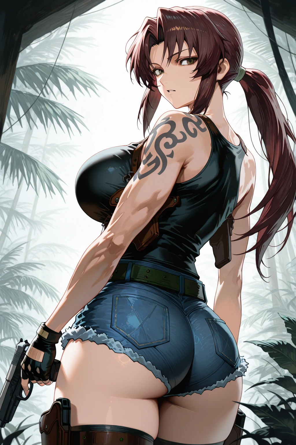 beautiful, (masterpiece:1.2), (best quality:1.2), perfect eyes, perfect face, perfect lighting, 1girl, ass, back, backboob, baseball cap, black panties, breasts, brown hair, crop top, cutoffs, denim, denim shorts, facing away, from behind, hat, highleg, highleg panties, long hair, median furrow, large breasts, micro shorts, panties, ponytail, short shorts, shorts, sideboob, simple background, solo, tank top, thighs, thong, underboob, underwear, field, grass, walkway, huge ass, wide hips, arms at side
